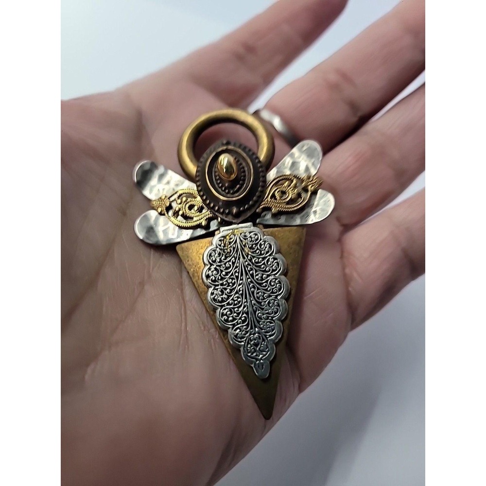 Vintage Treska Angel Brooch Pin Mixed Metal Halo Geometric Religious Signed - Picture 11 of 12